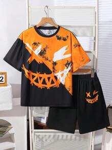 2 sztuki Tween Boys Casual Street Graphic Print Crew Neck Loose T-shirt i spodenki Knit Set