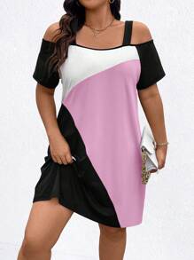 Plus Colorblock Cold Shoulder Tee Dress, For Summer - Multicolor - View 3