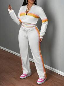 Slaydiva 女士秋冬条纹长袖拉链领棒球夹克和抽绳腰裤休闲套装 - 彩色 - 查看 7