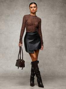 SHEIN BAE Women Leopard Print Flock Fitted Long Sleeve Blouse