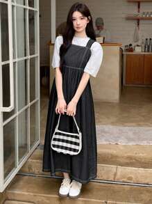 DAZY Women's Wide Strap Pleated Casual Long Denim Dress