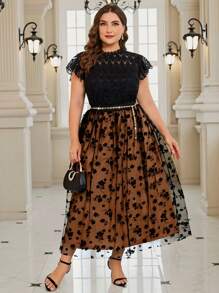 SHEIN Clasi Plus Size Mesh Contrast Ruffle Floral Embroidered Casual Skirt - Brown - View 4