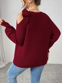 Calvaya Plus Size Solid Color Off Shoulder Bowknot Sweater, Valentine's Day & New Year