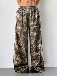 SHEIN EZwear Women's Velvet Back To School Palazzo Drawstring Side Stripes Fashionable Edge Collision And Bow Ties Pants