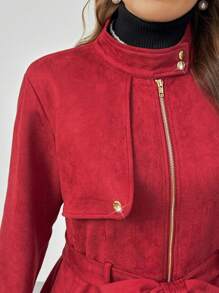 SHEIN Privé Cardigan Wanita Ukuran Plus Elegan untuk Berpergian, Resleting Depan, Sabuk Pinggang, Saku Pinggang, Hangat, Panjang Sedang - Burgundy - View 7