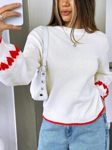 INAWLY Suéter casual de mujer de manga larga con caída en los hombros y patrón de corazón suelto, suéter de punto de otoño/invierno - Blanco - Ver 6