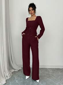 Elenzga 女士优雅仿方领西装外套和条纹长袖上衣 + 女士条纹西装裤，办公室通勤装 - 酒紅色 - 查看 3