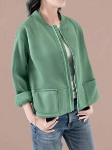LanaWest Women Casual Loose Solid Color Fleece Jacket, Autumn/Winter - Green - View 1