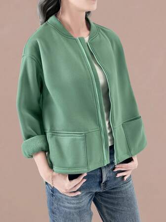 LanaWest Damen lässige, locker sitzende einfarbige Fleece-Jacke, Herbst/Winter