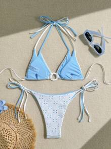 SHEIN Swim 性感两件套比基尼，带细肩带上衣和系带下装，夏季 - 藍白色 - 查看 3