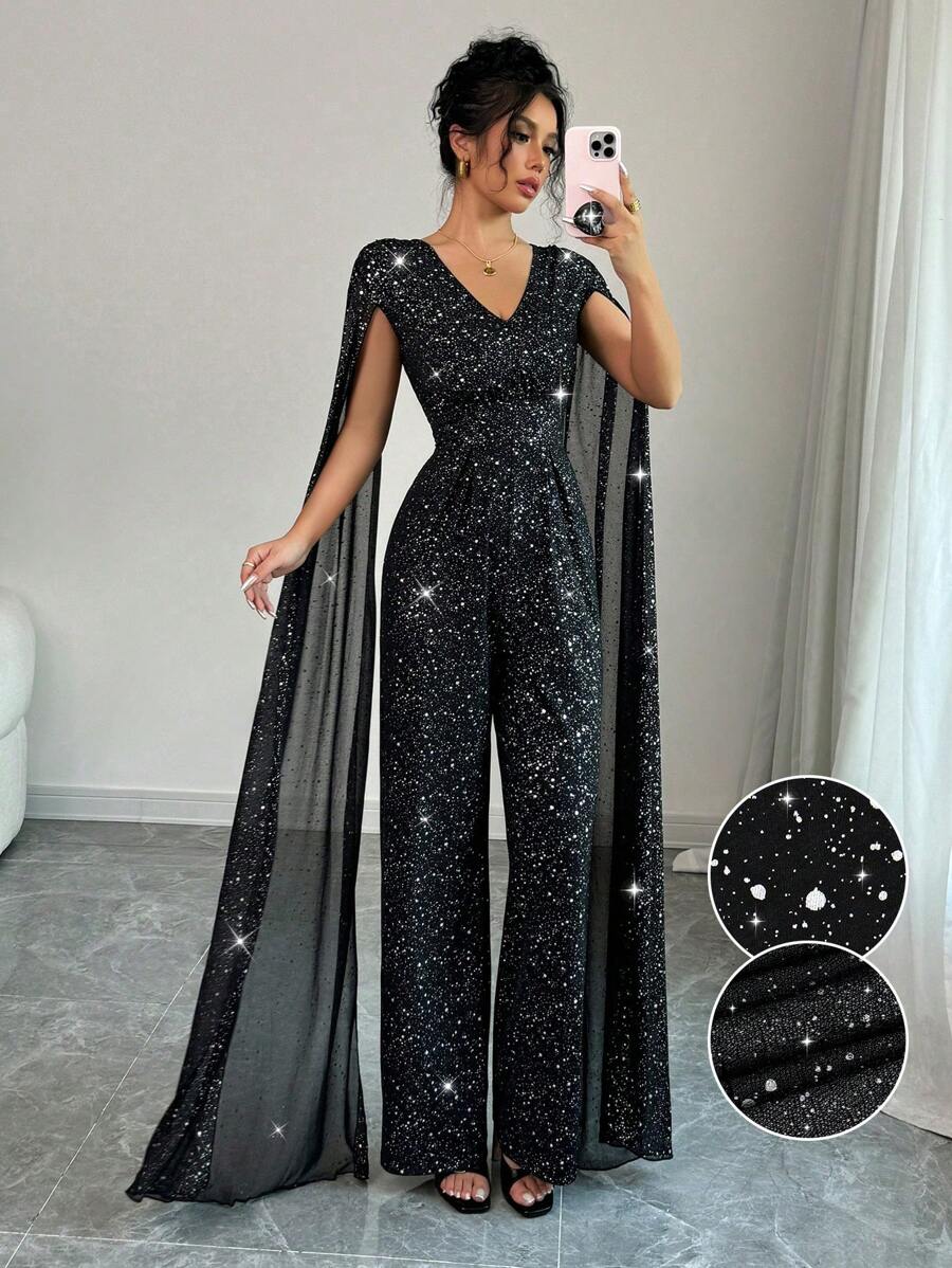 Elenzga Bộ đồ liền thân Palazzo cổ chữ V bằng vải kim loại cho nữ, trang phục dự tiệc - màu đen - Xem 1