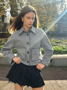 SHEIN EZwear 灰色女士夹克，带花卉装饰，长袖，有口袋，秋冬 - 灰色 - 查看 1