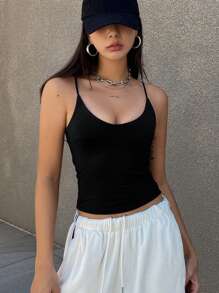 DAZY Women's Solid Color Spaghetti Strap Simple, Casual Everyday Wear Tank Tops - Black - View 4