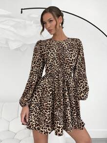 SHEIN Essnce 女士休闲长袖豹纹连衣裙，背面带蝴蝶结装饰，适合秋冬季休闲日常穿着圣诞女装 - 彩色 - 查看 2