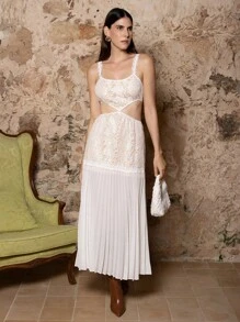 VERO DIAZ Designer Women's White Lace Nude Lined Sleeveless Pleated Chiffon Romantic Wedding Long Dress, Going Out, Spring & Summer, Festival - White - View 6