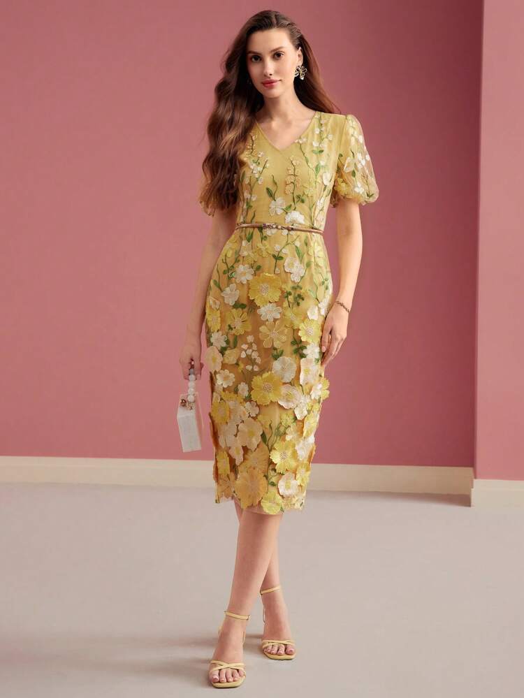 FLORAL EMBROIDERY PUFF SLEEVE DRESS,SPRING/SUMMER