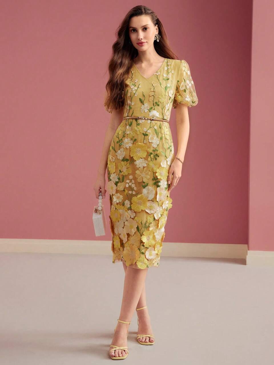 FLORAL EMBROIDERY PUFF SLEEVE DRESS,SPRING/SUMMER