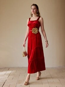 MOTF PREMIUM Vestido con ribete de volantes de contraste de terciopelo - Rojo - Ver 6