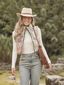 LanaWest 女式前拉链无袖全身印花冬季夹克，适合日常休闲穿着 - 彩色 - 查看 5