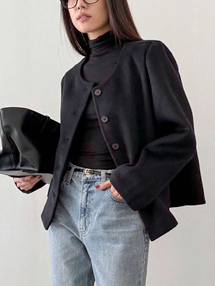 Loose Solid Color Short Women Overcoat Women Jacket,Fall Women Clothes Business Casual Woman Work Clothes