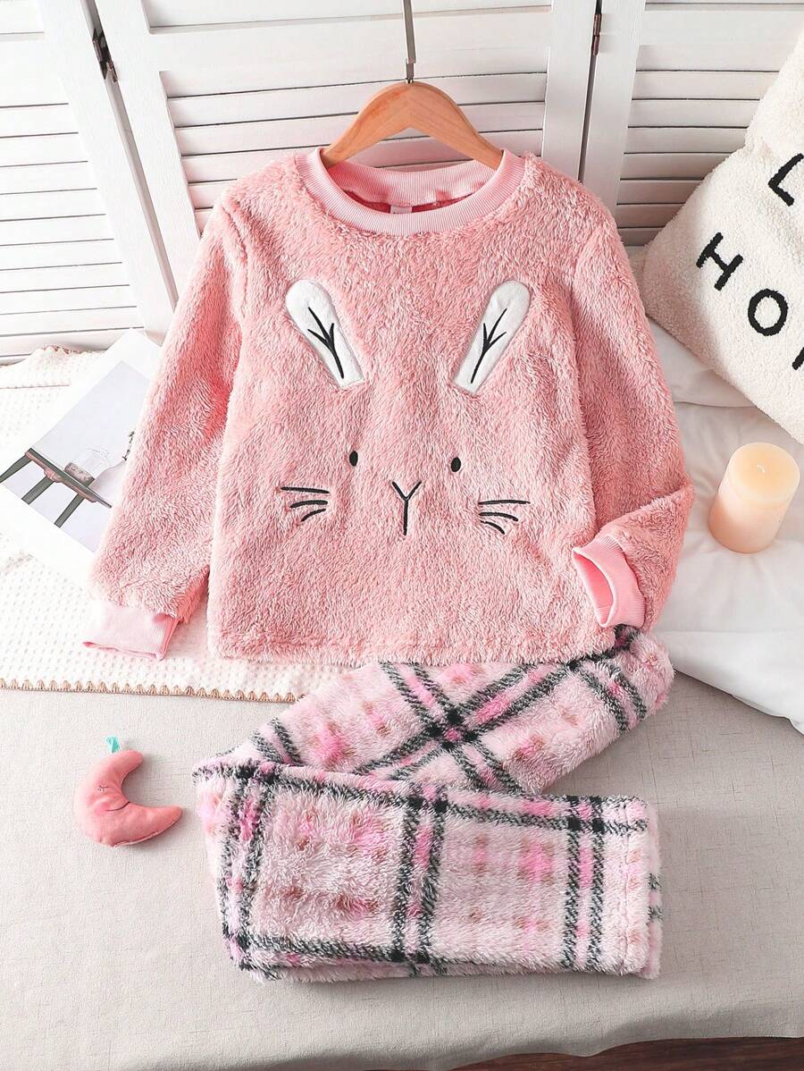 SHEIN 2pcs Young Girls Plush Rabbit Embroidery Pants + Plaid Fleece Pants, Comfortable Homewear Set - Pink - View 1