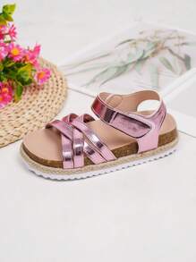 时尚透气亚麻绳儿童厚底平底女童凉鞋 - 粉色 - 查看 4