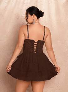 SHEIN BAE Plus Size Women's Summer Sweet Party Date Ballet White Stitching Lace Bra Cup Details Suspender Cake Dress Skirt - Coffee Brown - View 2