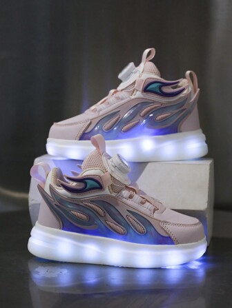 儿童女孩 LED 充电运动鞋，多色模式可变，撞色，时尚运动鞋，可调节旋转扣，易于穿着，适合日常、秋冬季