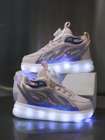 儿童女孩 LED 充电运动鞋，多色模式可变，撞色，时尚运动鞋，可调节旋转扣，易于穿着，适合日常、秋冬季