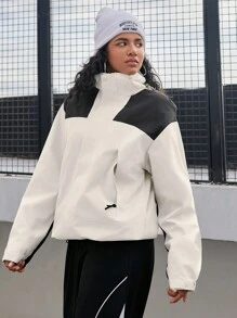 SHEIN Sports New Color Block Patchwork Hooded Sports Jacket - Black and White - View 3