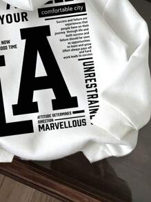 Slaydiva Casual Los Angeles Minimalist Print Pattern Thermal Lined Loose Fit Women Hooded Sweatshirt Autumn And Winter Hoodie - White - View 3