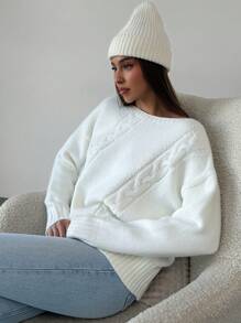 Aloruh Suéter holgado y casual de punto de cable con cuello redondo y hombros descubiertos para mujer, crema