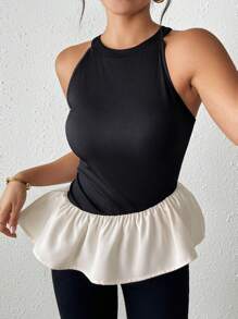 Chiquease 女士优雅休闲无袖撞色拼布不对称下摆褶皱黑色针织背心，秋冬图案 T 恤女上衣