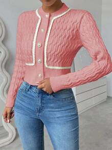 Chiquease Twist Knot Metallic Thread Woven Cropped Cardigan Fall Cloth For Women - Pink - View 6