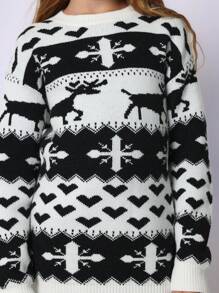 SUMWON Pull tricoté de Noël classique nordique, motif Fair Isle, rennes, flocons de neige, cœurs. Pull-over tricoté chaud et douillet pour l'hiver - Noir et Blanc - Voir 4