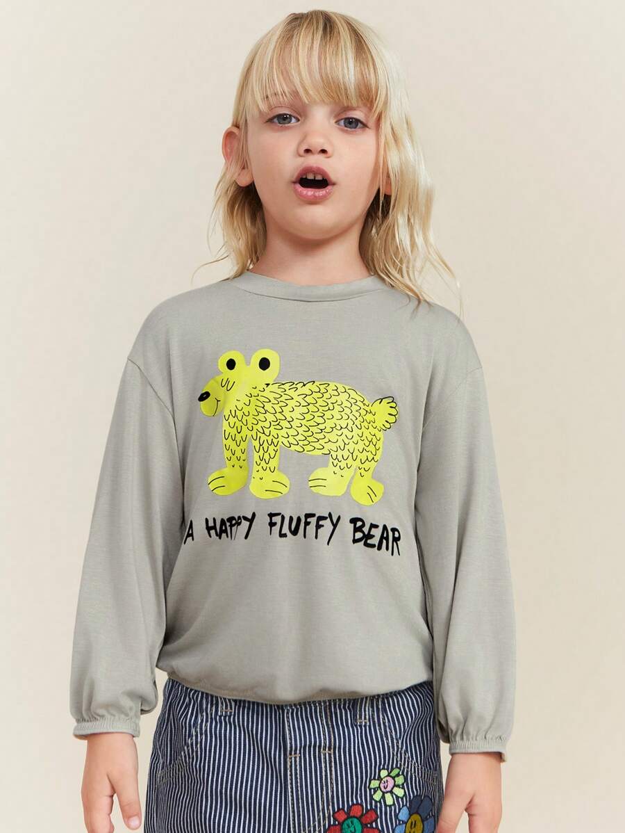 SHEIN 年轻女孩圆领长袖图案印花简约 T 恤，休闲日常穿着 - 灰色 - 查看 1