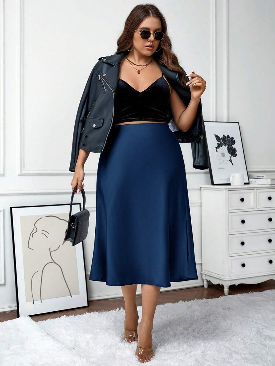 SHEIN LUNE Plus Size Women Solid Color Zipper Fastening Elegant Skirt Party Skirts