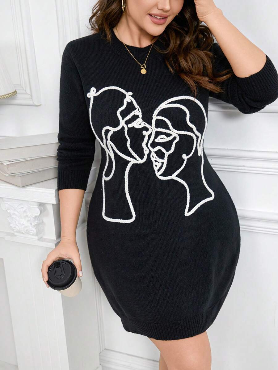 SHEIN LUNE Vestido de suéter ajustado de manga larga con cuello redondo y diseño de dibujos animados elegantes para mujer de talla grande - Negro - Ver 1