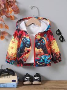 Chaqueta con capucha casual y holgada para bebés niños con estampado de graffiti, forro térmico, adecuada para bebés de 6 meses a 3 años, ropa de exterior para invierno
