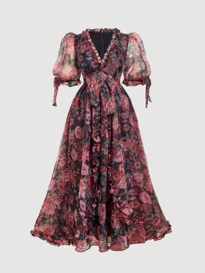 SHEIN MOD 大码女式袖子和腰部上部饰有蝴蝶结的荷叶边连衣裙，适合夏季