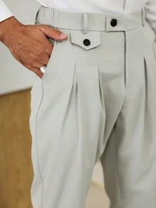 Manfinity Mode 男士休闲通勤纯色修身锥形西装裤 - 淺灰色 - 查看 5