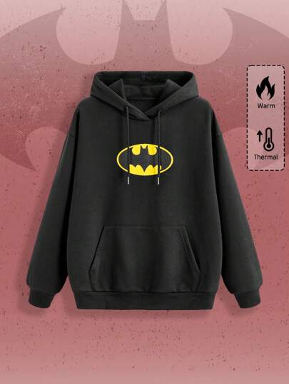 Batman X ROMWE Plus Size Casual Bat Logo Print Drop Shoulder Oversize Kangaroo Pocket Thermal Drawstring Hoodie, For Winter