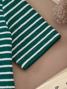 PrepCrw Young Girls Green And White Striped Collared Knit Form-Fitting Short Sleeve T-Shirt, Spring/Autumn - Green - View 4