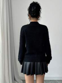SHEIN Unity Autumn/Winter Fashion Hollow Sequin Decor Butterfly Pattern Keyhole Stand Collar Sweater Knit Pullover Fall - Black - View 2