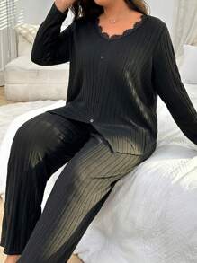 Ultra Soft & Skin-Friendly Women's Fleece Ribbed Casual Loungewear Pajama Set For Autumn/Winter - Black - View 4