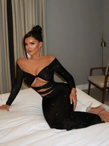 SHEIN SXY Sexy Party Nightclub Glittery Hollow-Out Black Off Shoulder Dress, Autumn/Winter