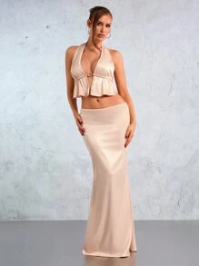SHEIN SXY 新年优雅性感夜店必备情人节派对玫红色香槟金缎面吊带背心加低腰鱼尾裙两件套 - 香檳色 - 查看 1