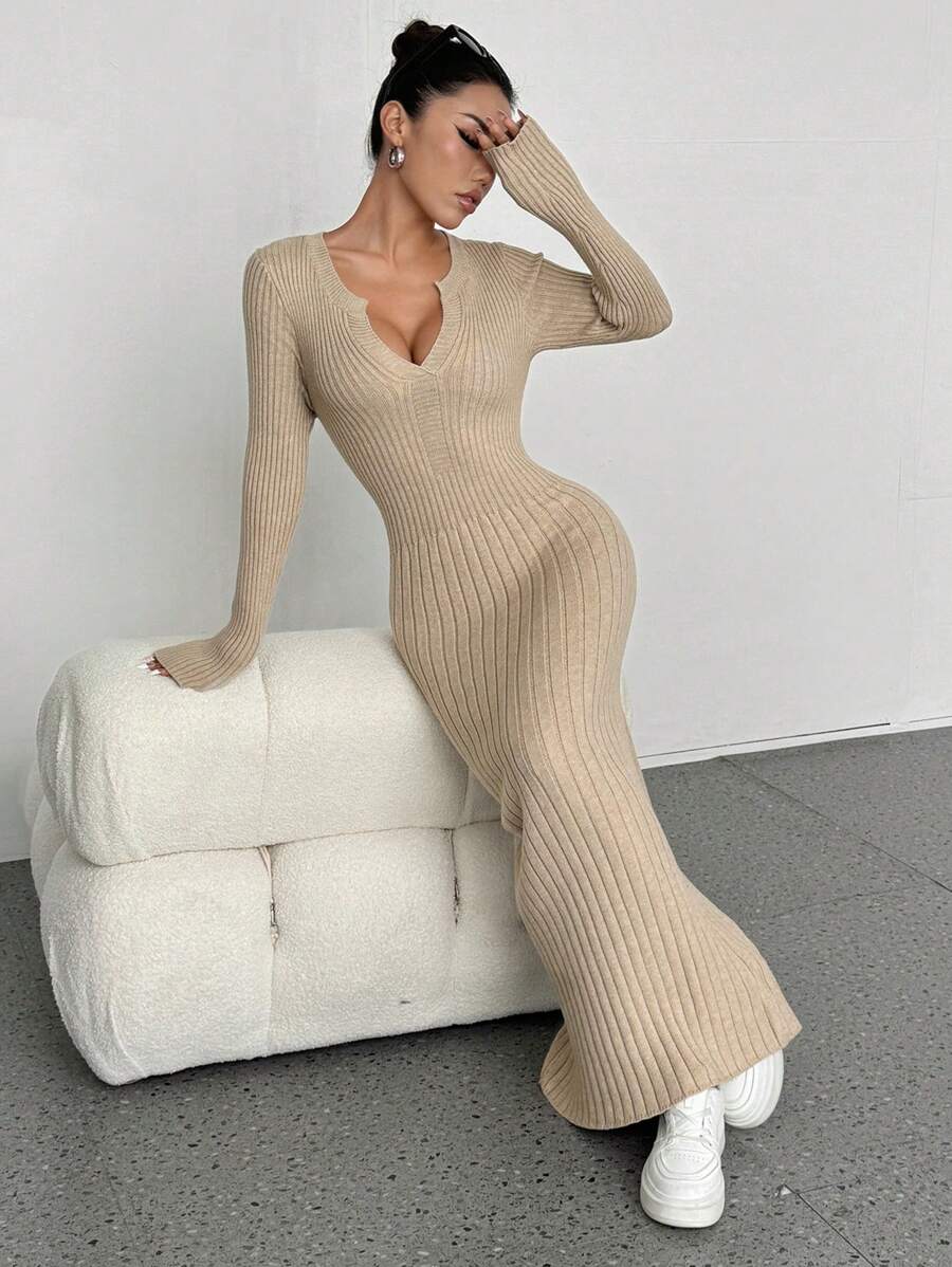 Flirla Casual Women Versatile Long Knit Sweater Dress Fall Cloth For Women - Khaki - View 1