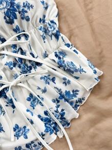 Soleia Women's Vacation Romantic Floral Print Halter Tie Back Bow-Knot Front Ruched Ruffle Hem Blouse,New Years ,Women Top,Summer Women Top,New Years Eve ,Western Women ,Party Women ,Christmas Women Top,Festival ,Holiday Top,Going Out - Multicolor - View 3