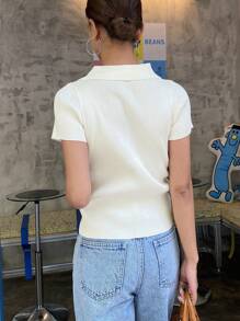 DAZY Women's Turn-Down Collar Short Sleeve Solid Color Button Front Casual Knit Sweater - White - View 5